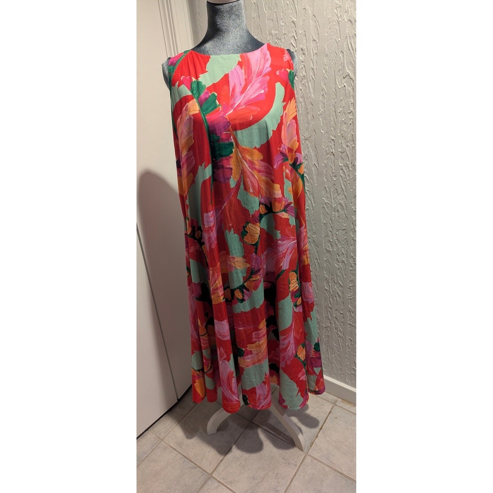Chicos Womens Red Tropical Feather Print Halter Tie Neck Sleeveless Maxi Dress